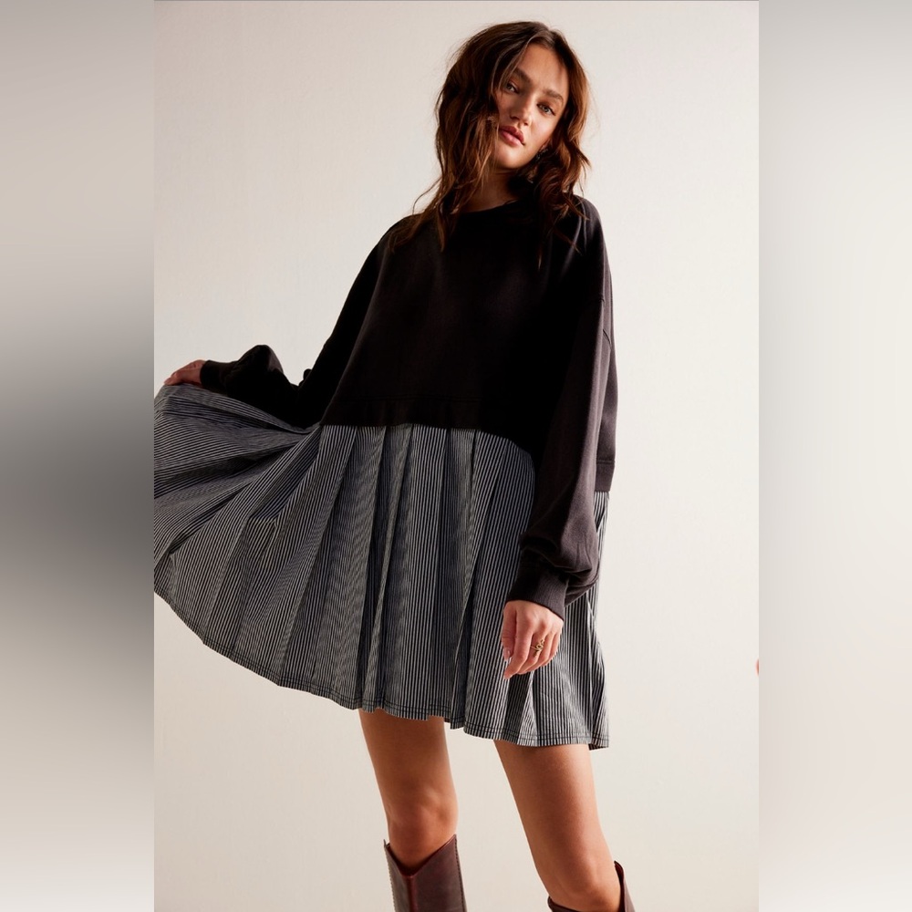 NWT Free People Eleanor Striped Sweatshirt Washed Black Combo Small
